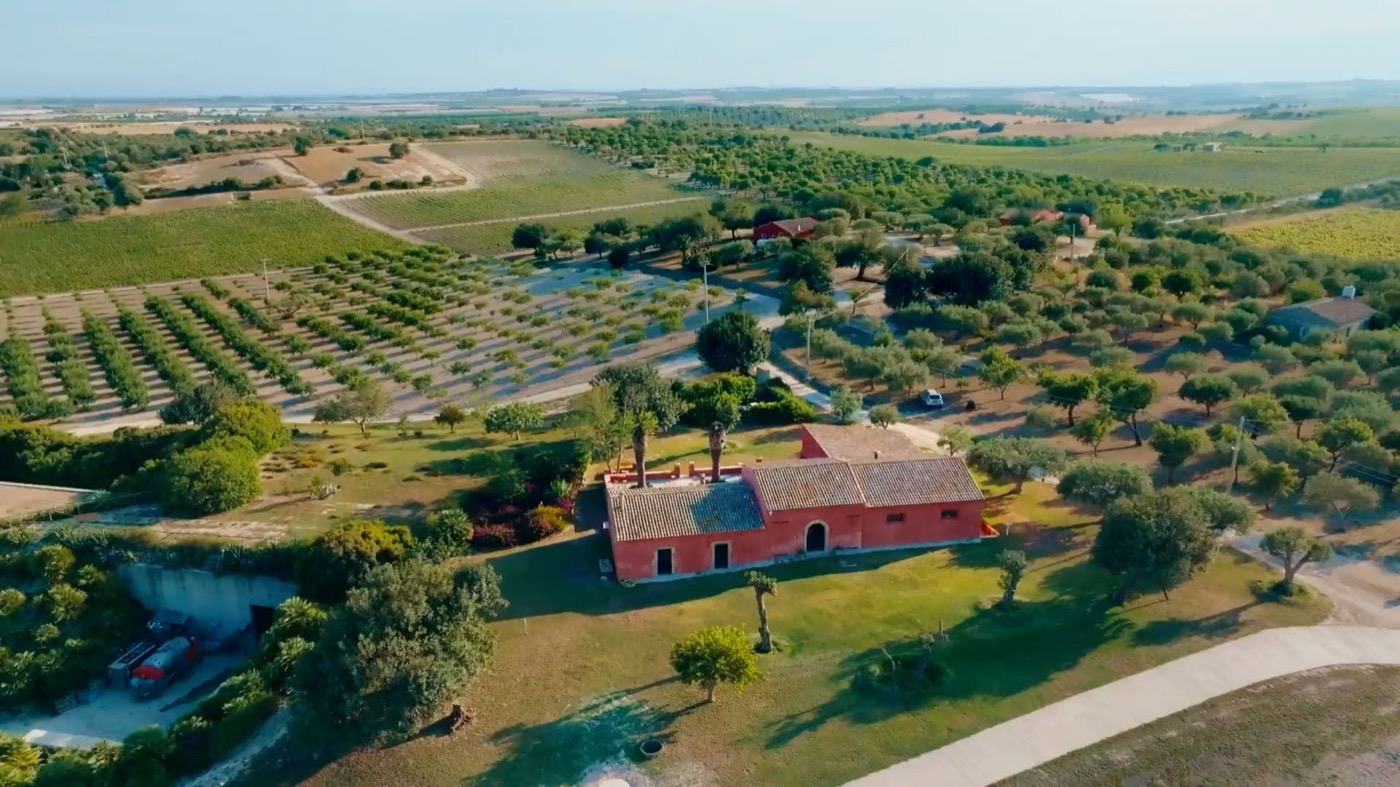 Vue aerienne du domaine Planeta Buonivini pres de Noto — ferme en terre cuite parmi oliveraies et rangs de vigne