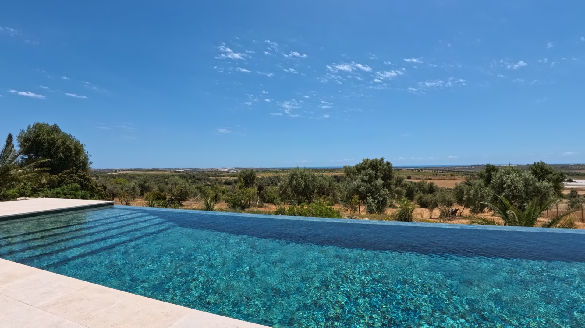 Panoramic view of the infinity pool, olive groves, and the Ionian Sea